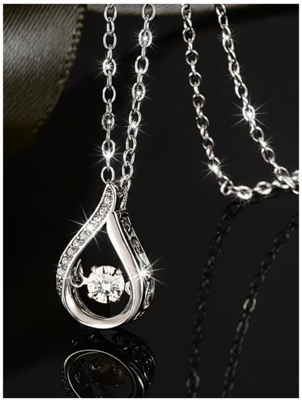 Dancing Center Stone Cubic Zirconia Teardrop Pendant Stainless Steel Necklace